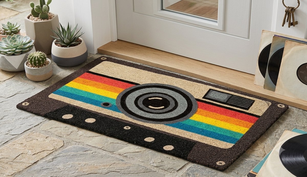 Maison Elara Handgeschilderde Kokosdeurmat Retro Camera - 70x40 cm - Antislip PVC Rug Retro Camera, veelkleurig