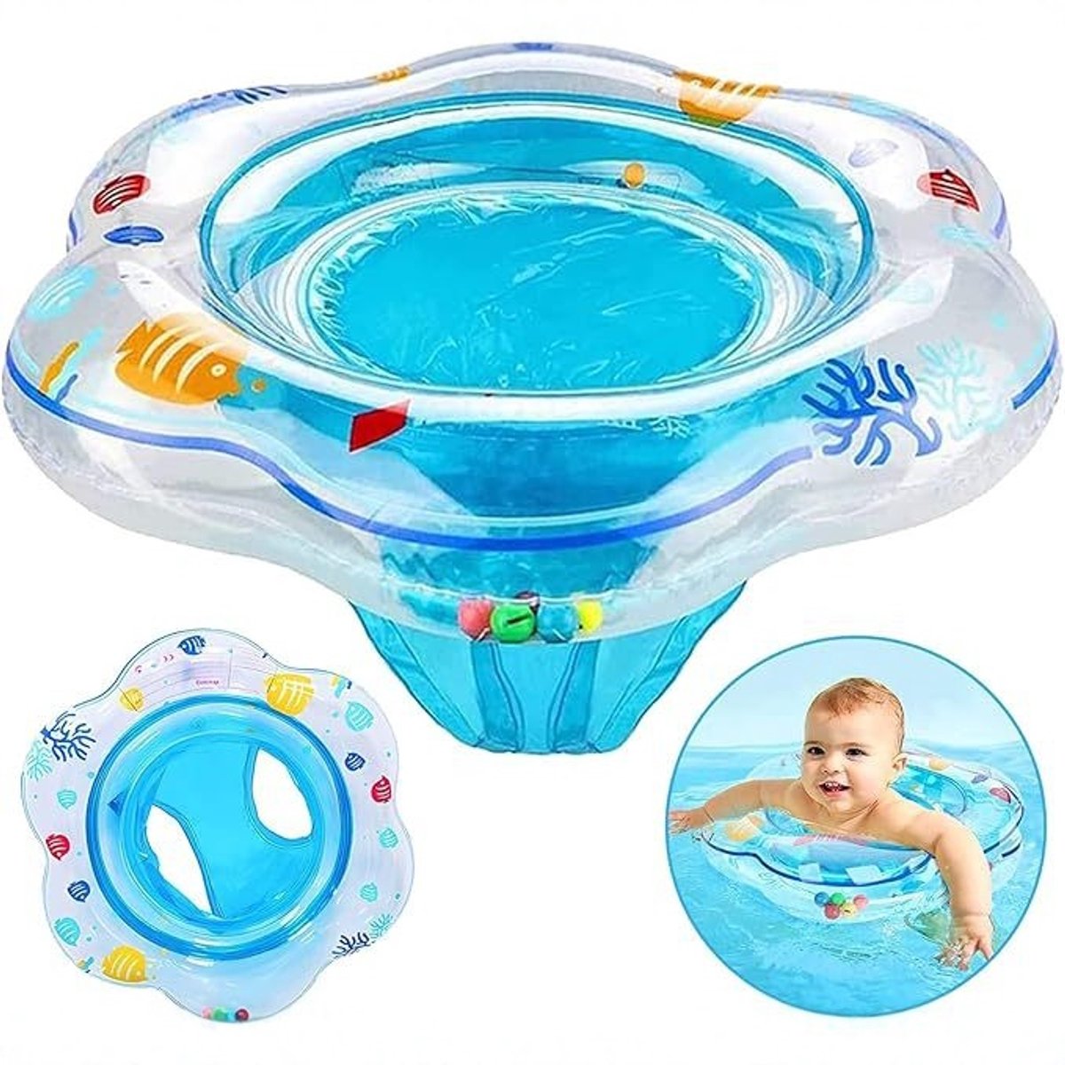 Babyzwemmat met zitje, geschikt voor baby's van 6-12 maanden | Dubbele airbags, verstevigd zitje, niet-giftig PVC-materiaal, lekvrij, draagvermogen 13,6 kg, transparante bodem, geschikt voor zwembaden en badkuipen (blauw)