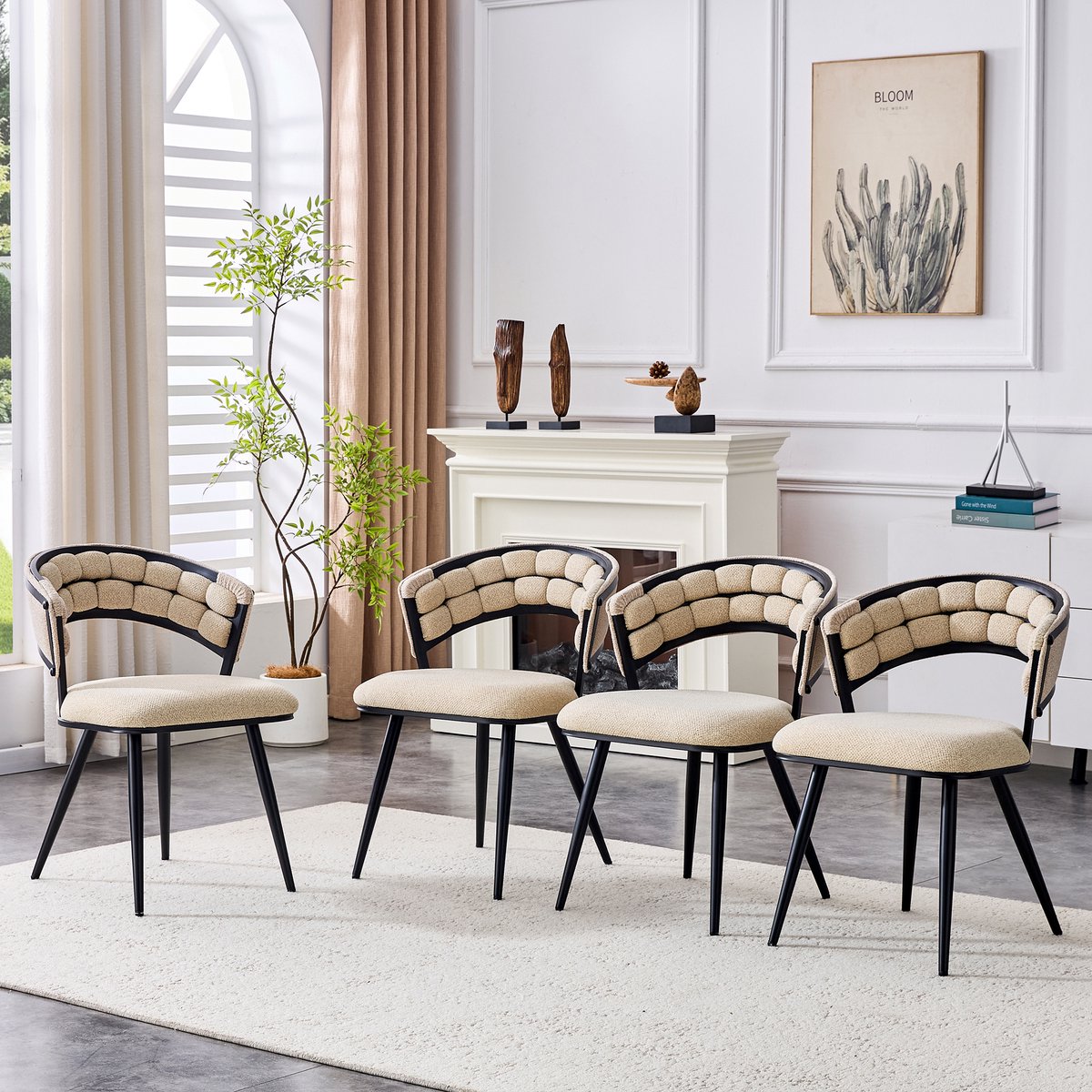 Re-purelife® Set van 4 eetkamerstoelen - beige fluweel - zwarte metalen poten - modern gestoffeerd - 64×57×78 cm