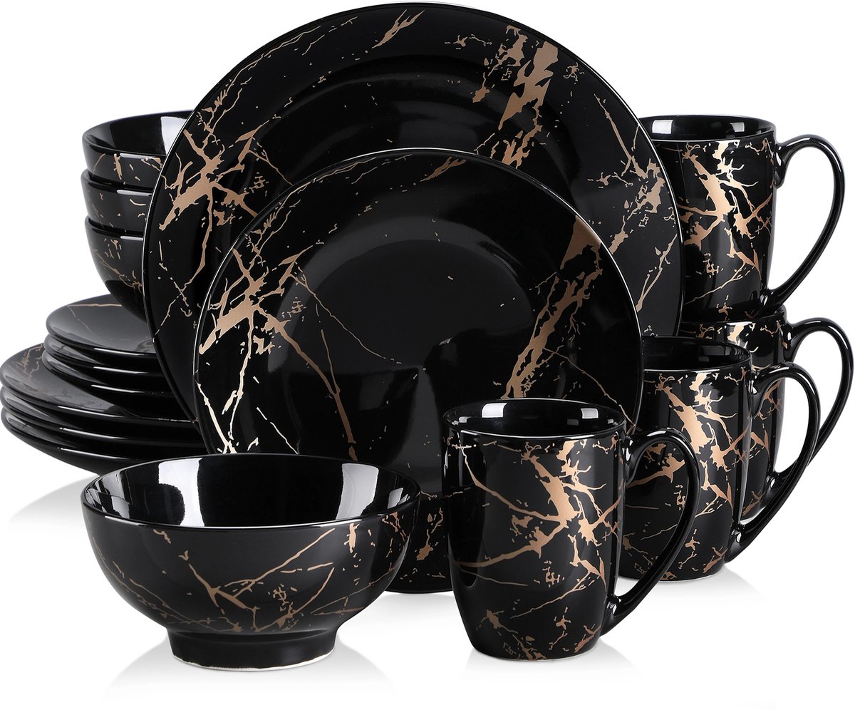 Home & Beyond® 16-Delige Serviesset Zwart Goud Marmer - Porseleinen Dinner Set voor 4 Personen - Borden, Kommen & Mokken - Vaatwasser- en Magnetronbestendig