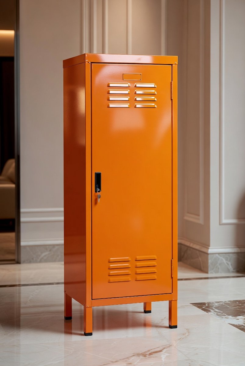 Industriële Metalen Opbergkast met 4 Planken en Slot 180 cm Oranje – Stalen Kledingkast Archiefkast Gereedschapskast -Medahomestore