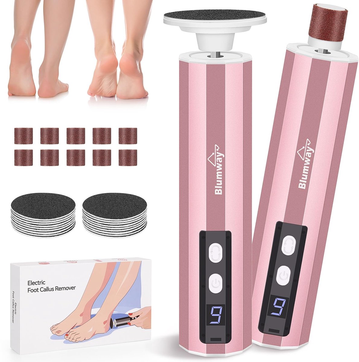 Dailygoods - Blumway Elektrische voet eeltverwijderaar, 2-in-1 elektrische voetvijl, nagelslijper, 9 instelbare snelheden, 30 reserveschuurpapier, pedicure, eeltverwijderaar voor voeten
