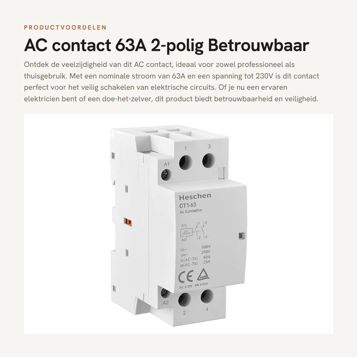 Dailygoods - AC contact - 63A 2-polig - Betrouwbaar schakelen - Compact formaat - Normaal open - Geschikt voor 24V spoel - Hoogwaardige kwaliteit