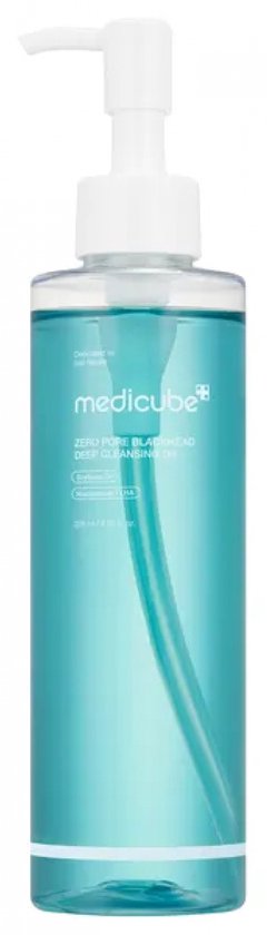 Een blauwe Medicube Zero Pore Blackhead Deep Cleansing Oil pompflacon.