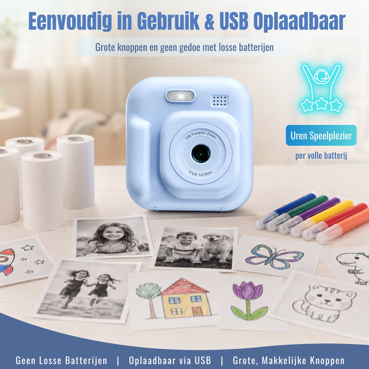 Impressora Térmica - Grote Kindercamera met foto printer - Digitale Camera Kinderen - Instant camera - Kinderfototoestel - SpeelgoedCamera - Mini printer - 48MP - Inclusief Cameratas + 4 papierrollen + 32GB sd kaart - Blauw — cadeau in Spellen & Speelgoed - foto 2