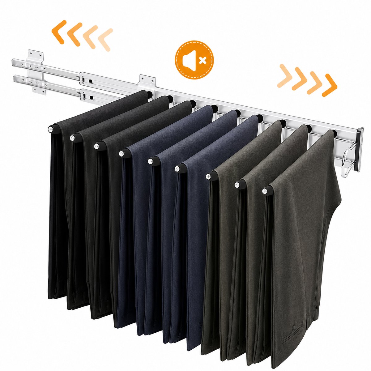 Home & Beyond® Uittrekbaar Broekenrek - Broekhanger voor Kast met 9 Beklede Stangen - Zijmontage Rechts - Zwart/Zilver - 46x32.5 cm