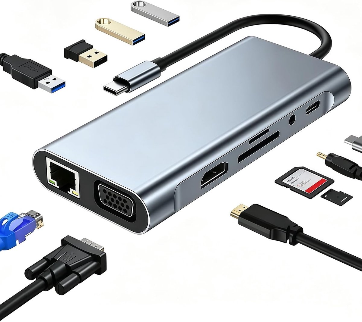 USB C Hub 11-in-1 with PD 100W 4K HDMI VGA Ethernet 1 x USB 3.0 3 x USB 2.0 SD/TF Card Reader 0.3cm AUX Ports - ShopVlot