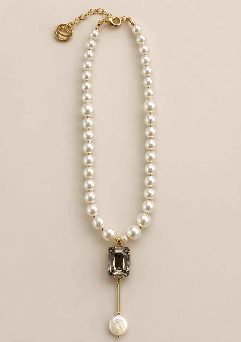 Parelketting Dames – Goudkleurig met Kristallen Hanger en Parel