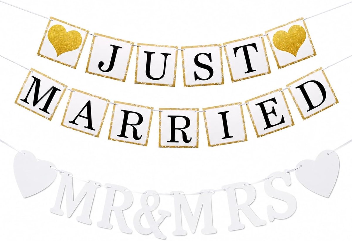 Just Married Banner Decoraties - Set met MR & MRS Hangbord - Hoge kwaliteit - Perfect voor bruiloften - ShopVlot