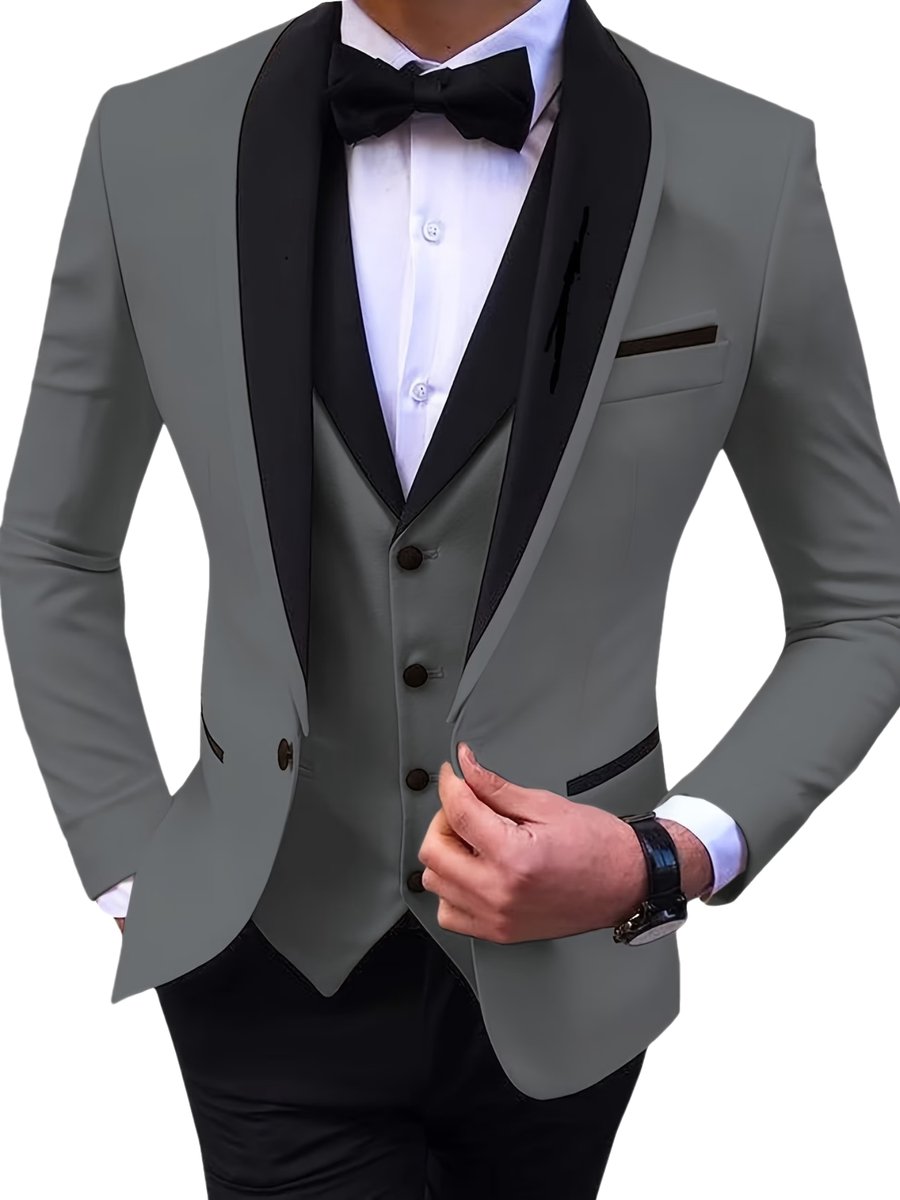 Currero 3 Delig Herenpak Met Overhemd - Suit 2 Delig - Tailored Fit Kostuum - Business Pak - Trouwpak - Smoking - Tuxedo Stijl - Bruiloft, Kantoor & Feest - Grijs L