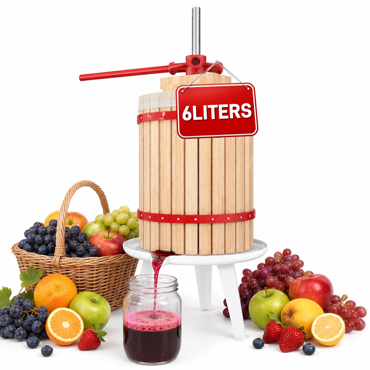 Fruitpers 6L Hout - Manuele Sap-, Wijn- en Bessenpers Complete Set - Inclusief Persdoek, Drukplaat, Metalen Spindel en Driebenig Onderstel - Geschikt voor Fruit- en Groentesap - NAIZY