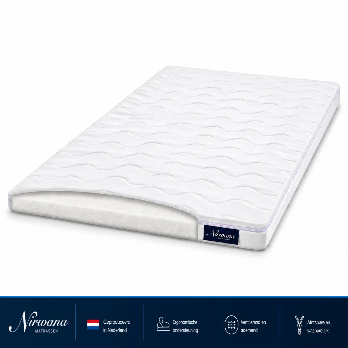 Nirwana Bedden Koudschuim topper 120x220 cm - 7 cm - Afritsbare hoes Wit
