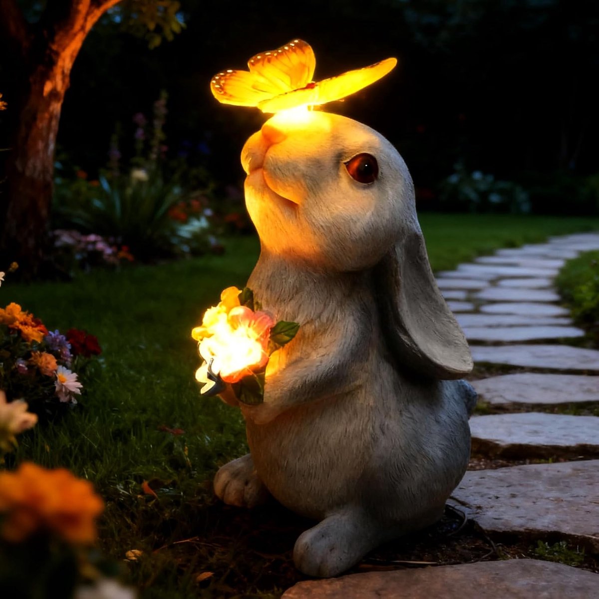 Tuinbeeld konijn met zonne-lamp - kunststof - schattig ontwerp - sfeervolle tuinverlichting - ShopVlot