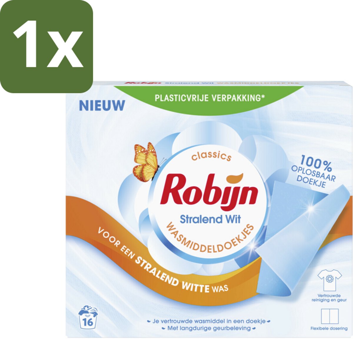 1 x Robijn Classics - Stralend Wit - Wasmiddeldoekjes - 16 Wasstrips - Wasmiddeldoekjes - Stralend Wit - Robijn - Wasstrips - Fris