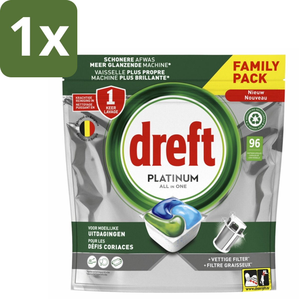 1 x Dreft - Vaatwastabletten - Platinum All-in-One Origineel - Grootverpakking - 96 Tabletten - Vaatwasmiddel - Vaatwastablet - Vetverwijdering - Vaatwasser Reinigen - Vaatwasser Filter Reinigen