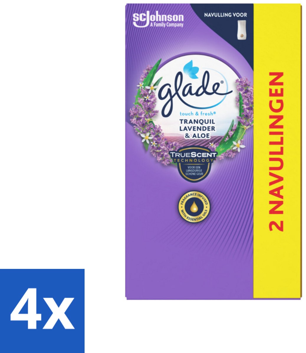 4 x Glade - Touch & Fresh Navulling - Tranquil Lavender & Aloë - 2 × 10 ml - Geur - Lavendel - Aloë Vera - Aromatherapie - Huisgeur