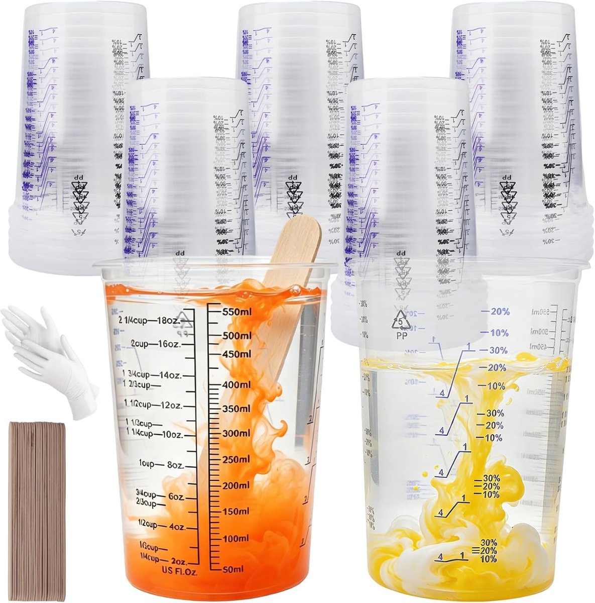 Plastic maatbekers 600 ml - 25 stuks wegwerp - met houten roerstokjes - ideaal voor het mengen van epoxyhars - ShopVlot
