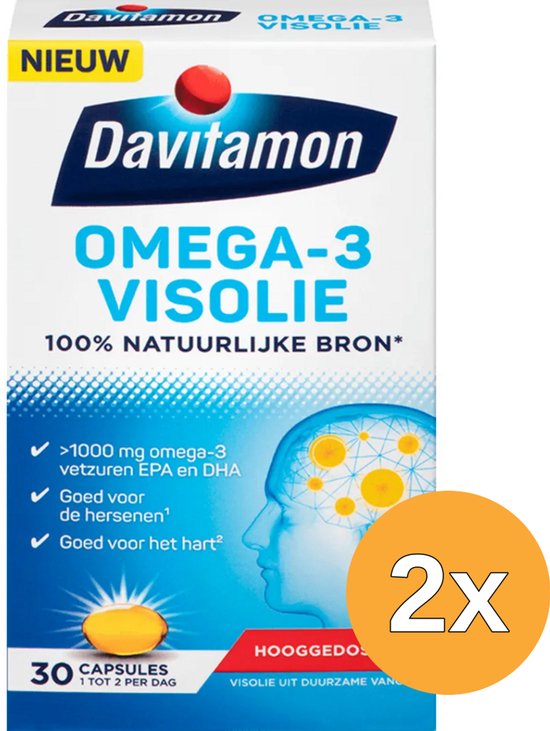 Verpakking van Davitamon Omega-3 Visolie met "NIEUW" en "2x" in oranje cirkel. Bevat 30 capsules.