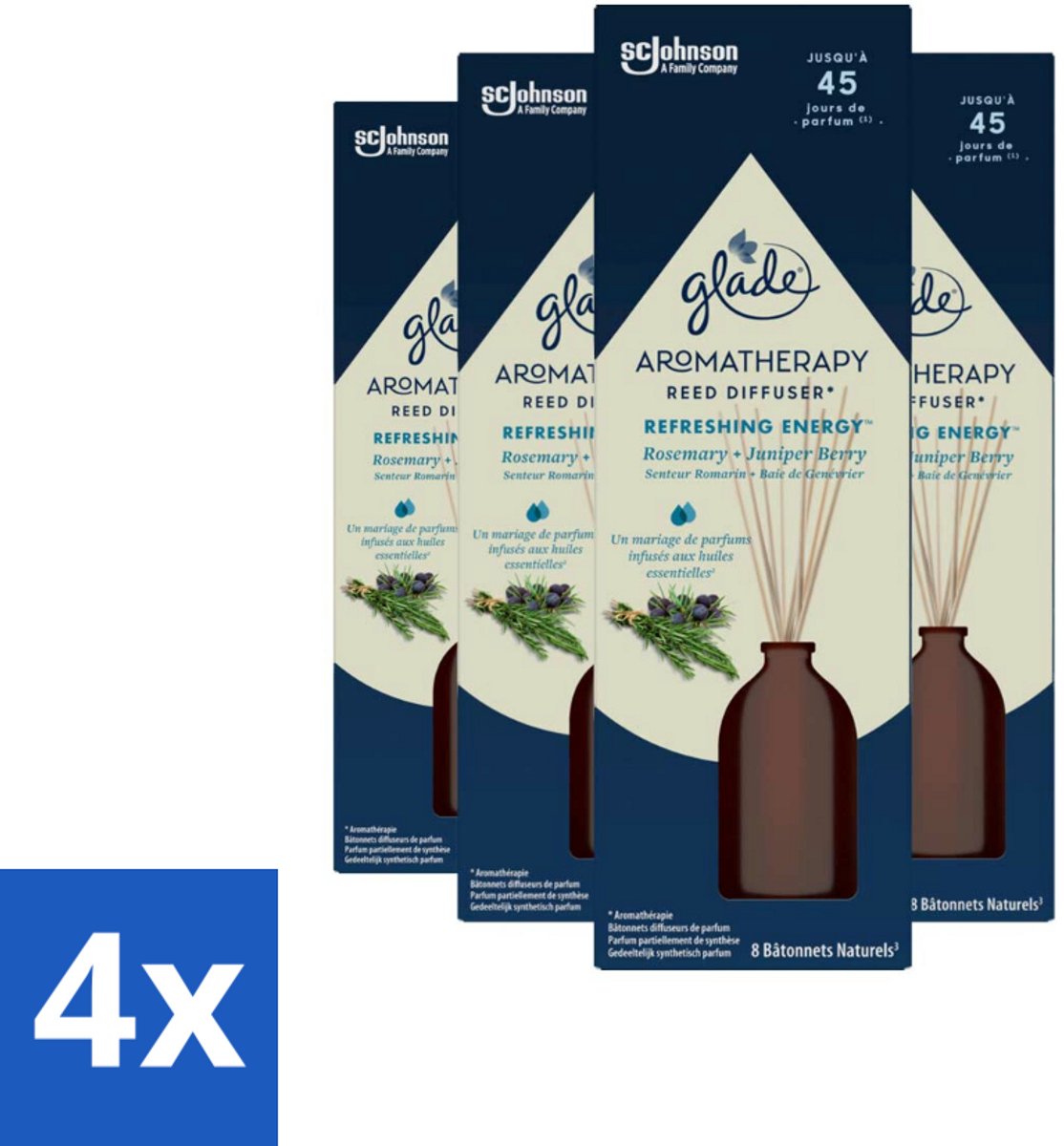 4 x Glade - Geurstokjes Verfrissende Energie - Aromatherapie Geurverspreiding - 80 ml - Geurstokjes - Aromatherapie - Energie - Geur - Verfrissend