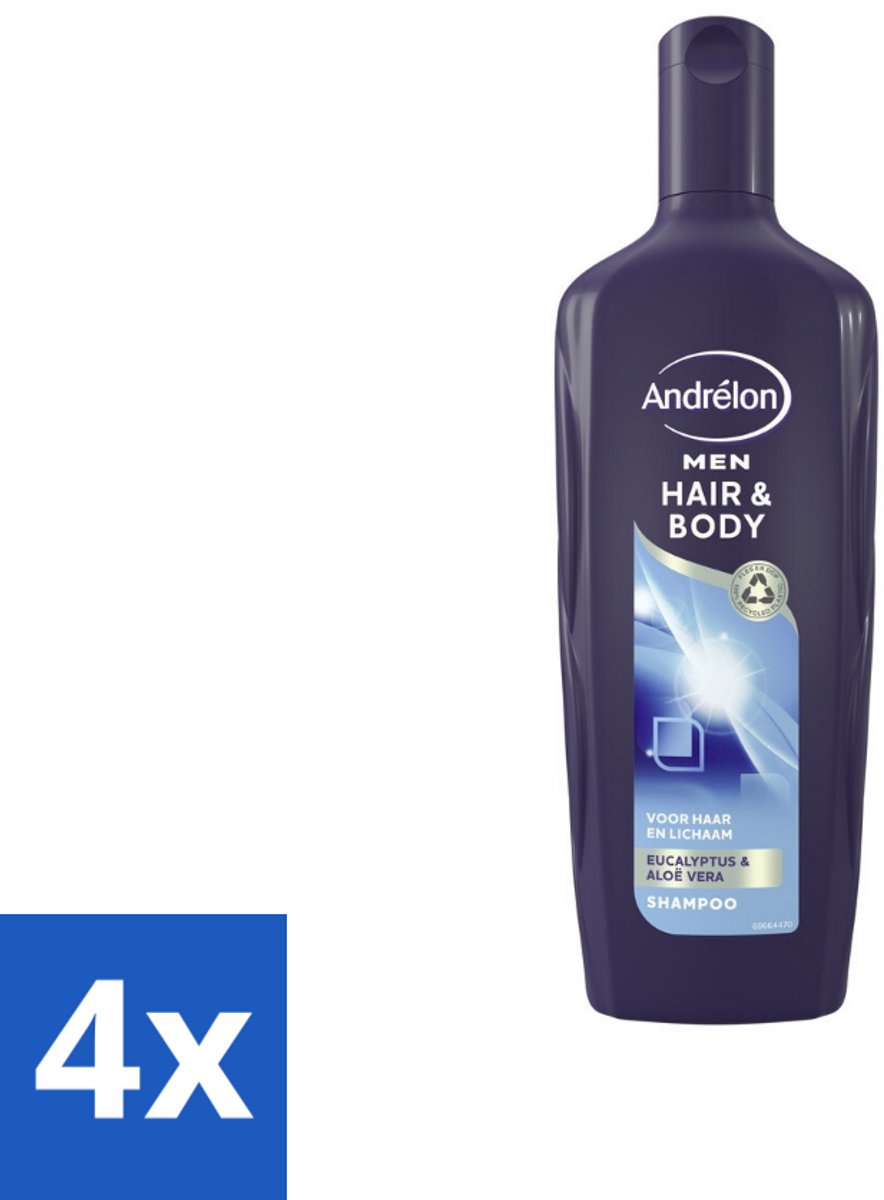 4 x Andrélon - Men - Hair & Body - Shampoo - 300 ml - Mannen Shampoo - 2-in-1 Shampoo - Douchegel - Eucalyptus - Aloë Vera