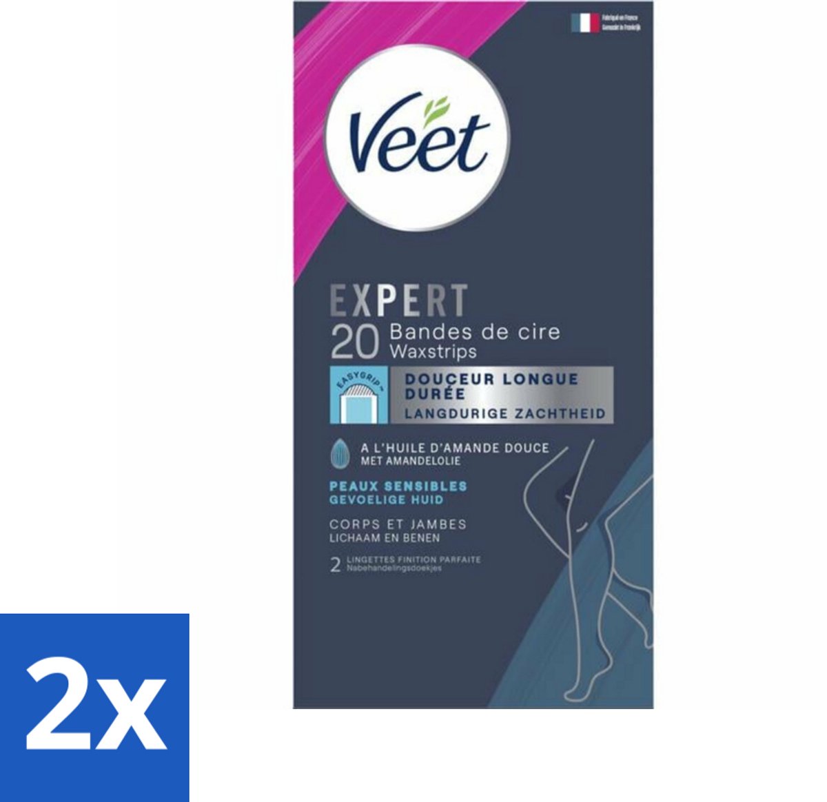2 x Veet Expert - Ontharingsstrips - Lichaam & Benen - Gevoelige Huid - 20 strips - Ontharingsstrips - Ontharing Benen - Ontharing Lichaam - Gevoelige Huid - Amandelolie