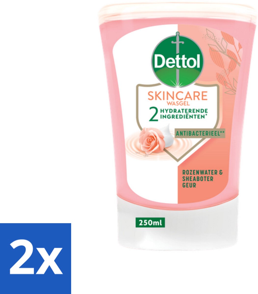 2 x Dettol - Wasgel Navulling - Skincare - Rozenwater & Sheaboter - 250 ml - Antibacteriële Handzeep - Rozenwater - Sheaboter - Wasgel Navulling - No-Touch Dispenser