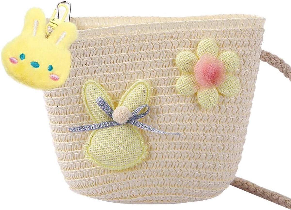 Schoudertas voor meisjes - beige stro - konijn met pluche hanger - ideaal voor uitjes - ShopVlot