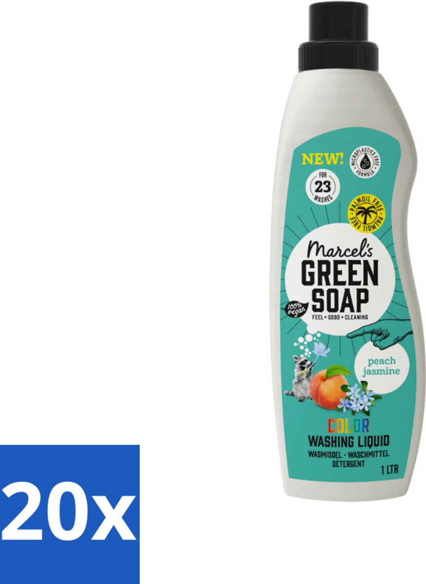 Marcel's Green Soap - Vloeibaar Wasmiddel - Kleur - Perzik & Jasmijn - Effectief & natuurlijk - 23 Wasbeurten - 1 liter - Bulkverpakking - 20 stuks