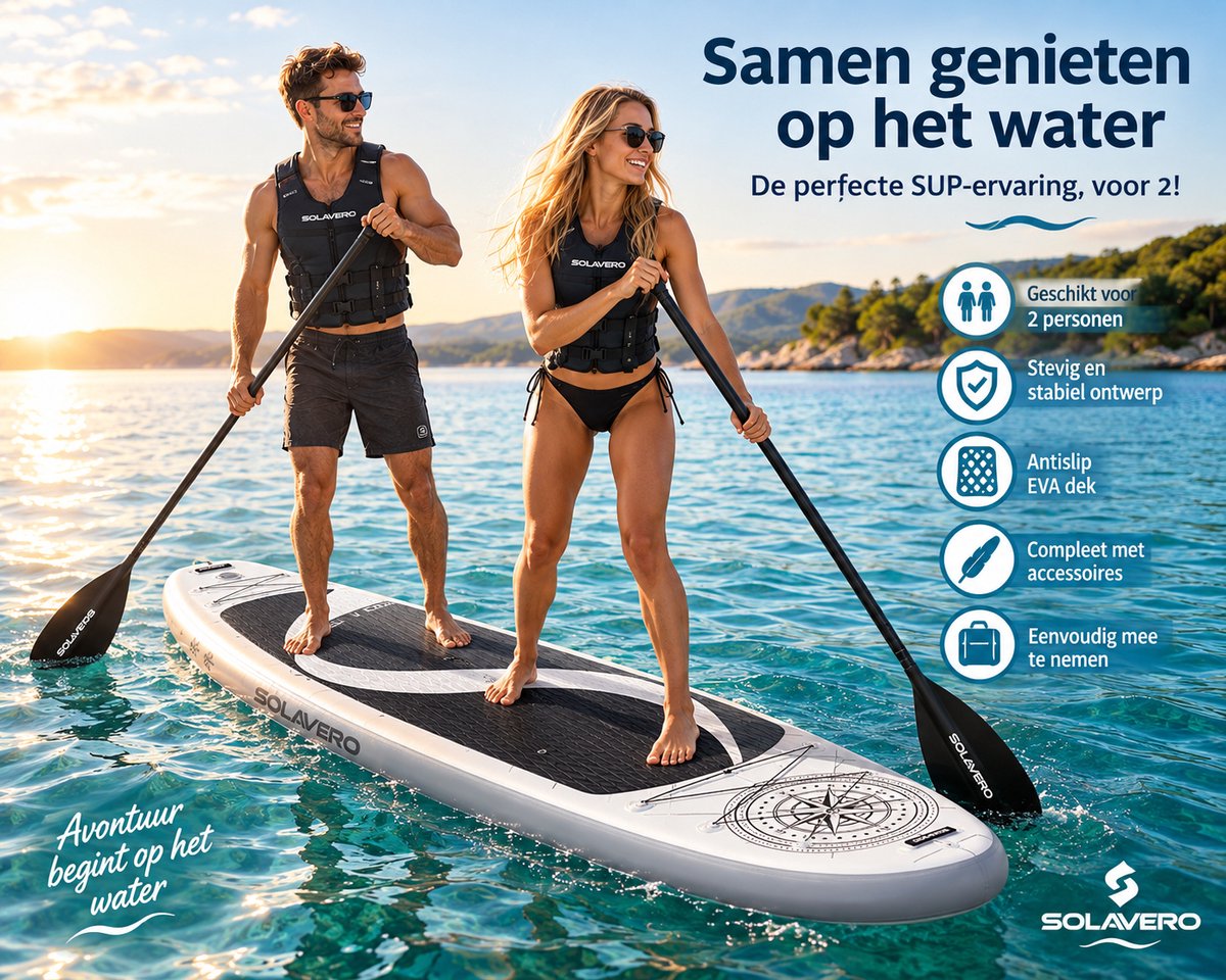 Premium – Opblaasbaar – SUP Board - Geschikt voor 2 Personen – Complete Stand Up Paddle Set – Inclusief Pomp, Peddel, Draagtas & Accessoires – Antislip EVA Dek