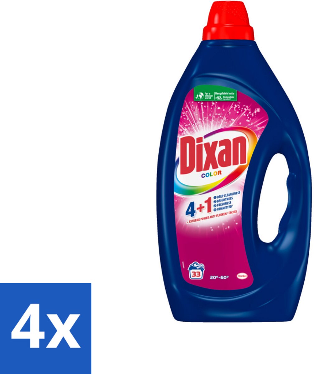 4 x Dixan - Vloeibaar wasmiddel - Voor gekleurde was - 33 wasbeurten - Wasmiddel - Gekleurde Was - Dixan - Wasverzachter - Kleurbescherming