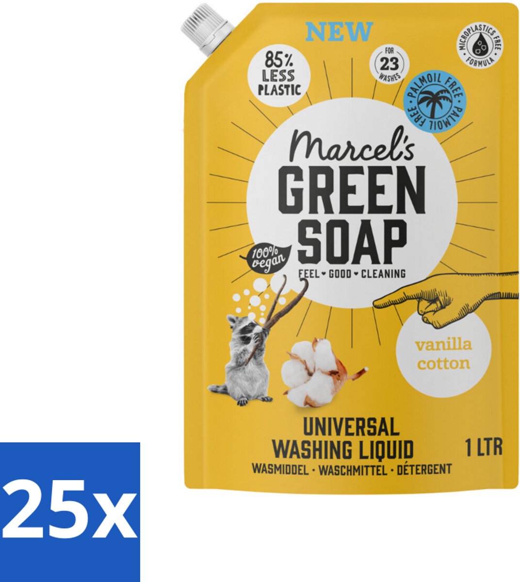 Marcel's Green Soap - Vloeibaar Wasmiddel - Navulling - Vanille & Katoen - Effectief & natuurlijk - 23 Wasbeurten - 1 liter - Bulkverpakking - 25 stuks