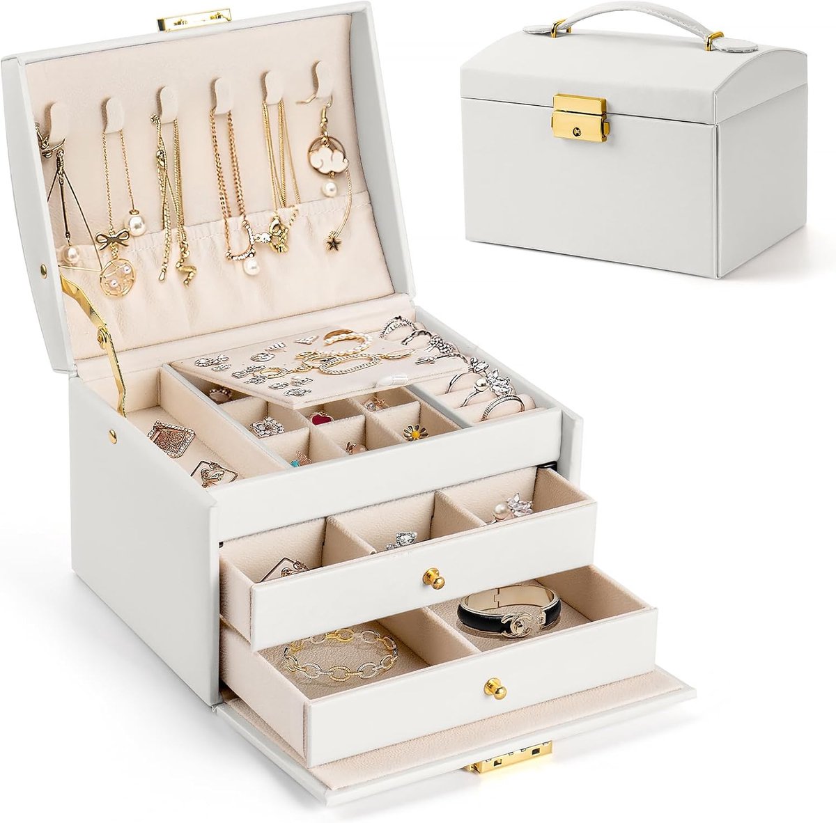 Sieradendoosje 3 niveaus - PU-leer - met 2 laden - veilig opbergen van sieraden - ShopVlot