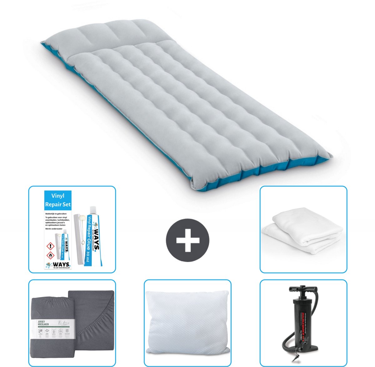 Intex Campingmat - 1-Persoons - 67 x 184 x 17 cm - Blauw - Inclusief Hoeslaken - Kussen - Pomp - Reparatieset en Kussenbeschermer