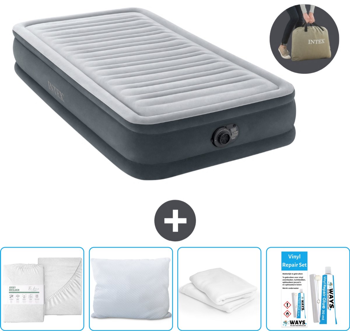 Intex Luchtbed - 1 Persoons - 99 x 191 x 33 cm - Grijs - Inclusief pomp - Hoeslaken - Kussen - Reparatieset en Kussenbeschermer