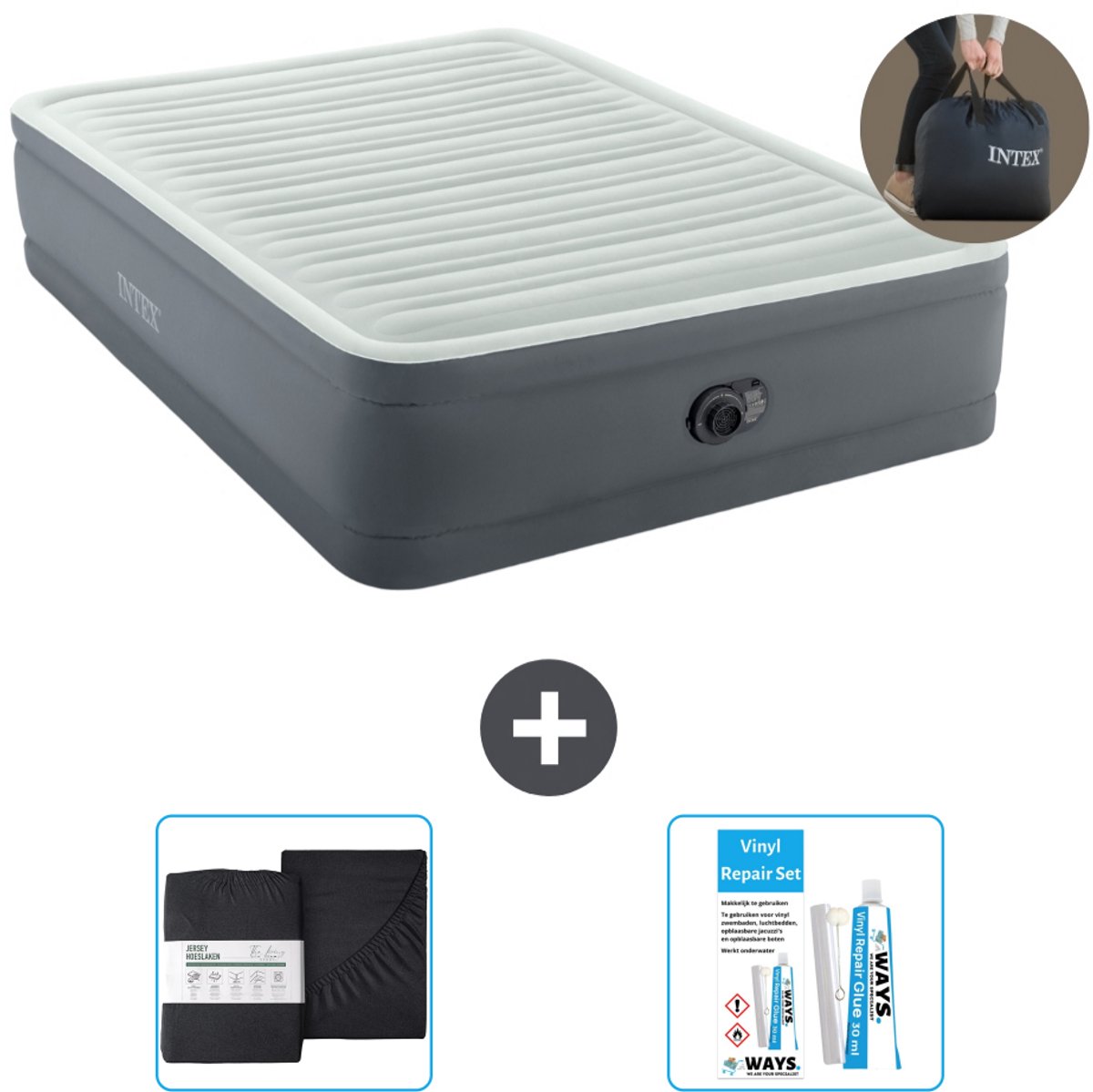 Bol.com Intex Luchtbed - 2-Persoons - 152 x 203 x 46 cm - Grijs - Inclusief pomp - Hoeslaken en Reparatieset aanbieding