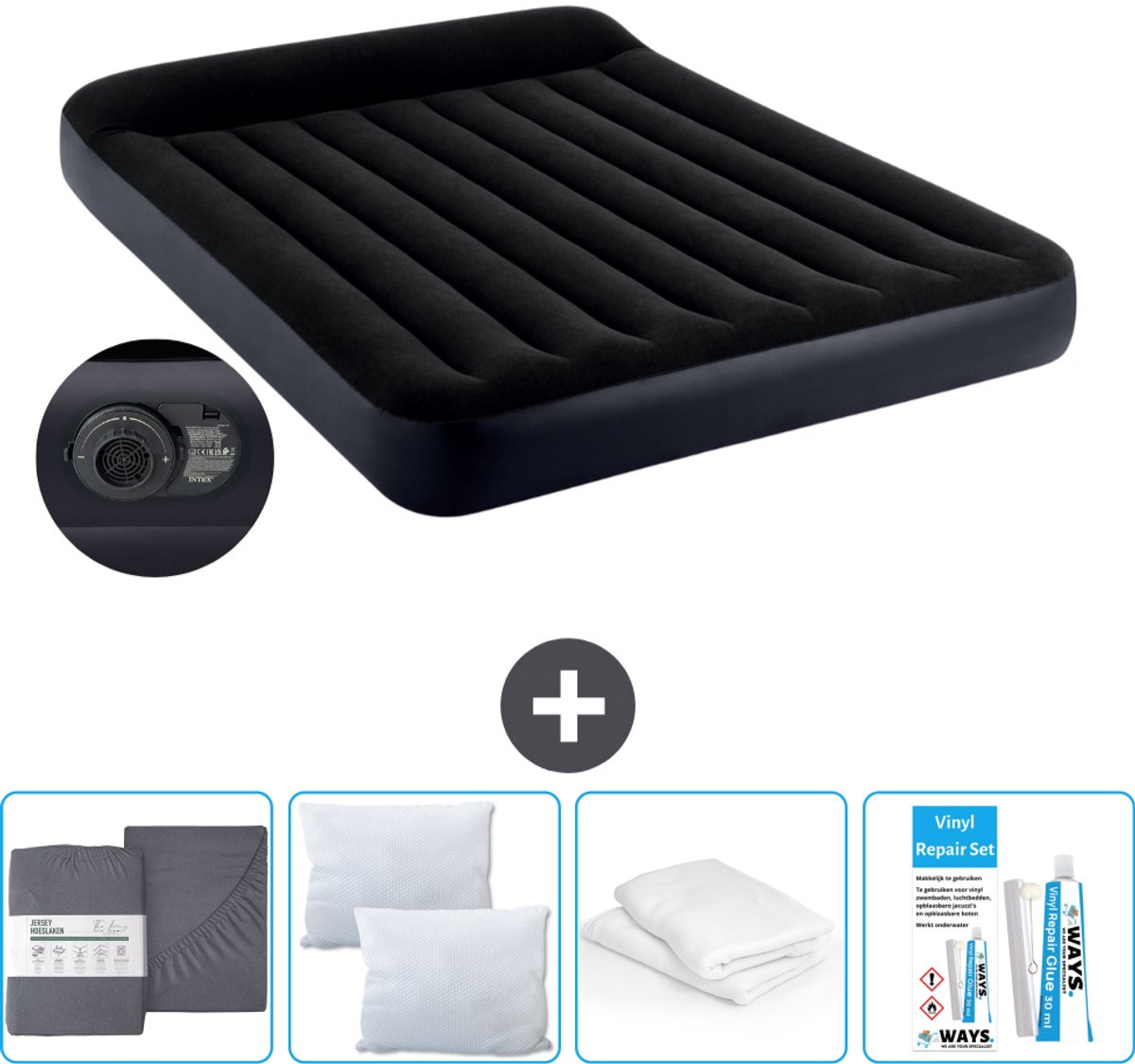Intex Luchtbed - 2-Persoons - 152 x 203 x 25 cm - Blauw - Inclusief pomp - Hoeslaken - Kussen - Reparatieset en Kussenbeschermer