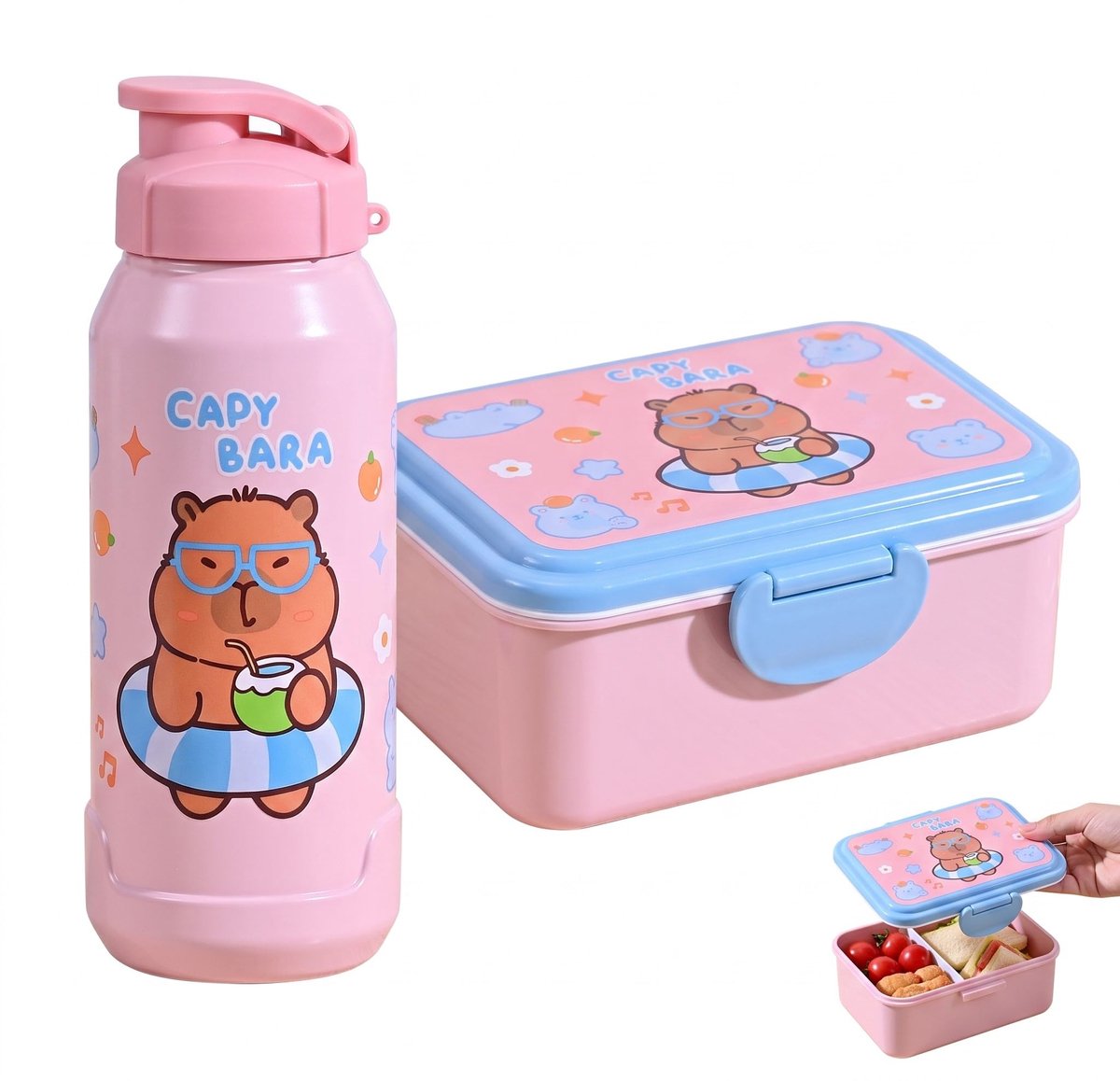 KOHVAN Lunchbox, lunchbox voor kinderen, set met broodtrommel en drinkfles voor kinderen, roze, motief Capybara, voor - ShopVlot