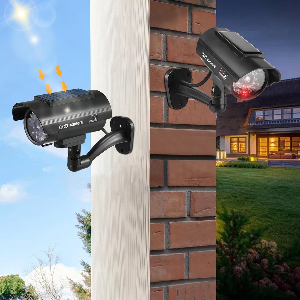Sporgo 2 stuks camera dummy buiten: dummy bewakingscamera op zonne-energie met rood knipperend rood knipperend, dummy - ShopVlot