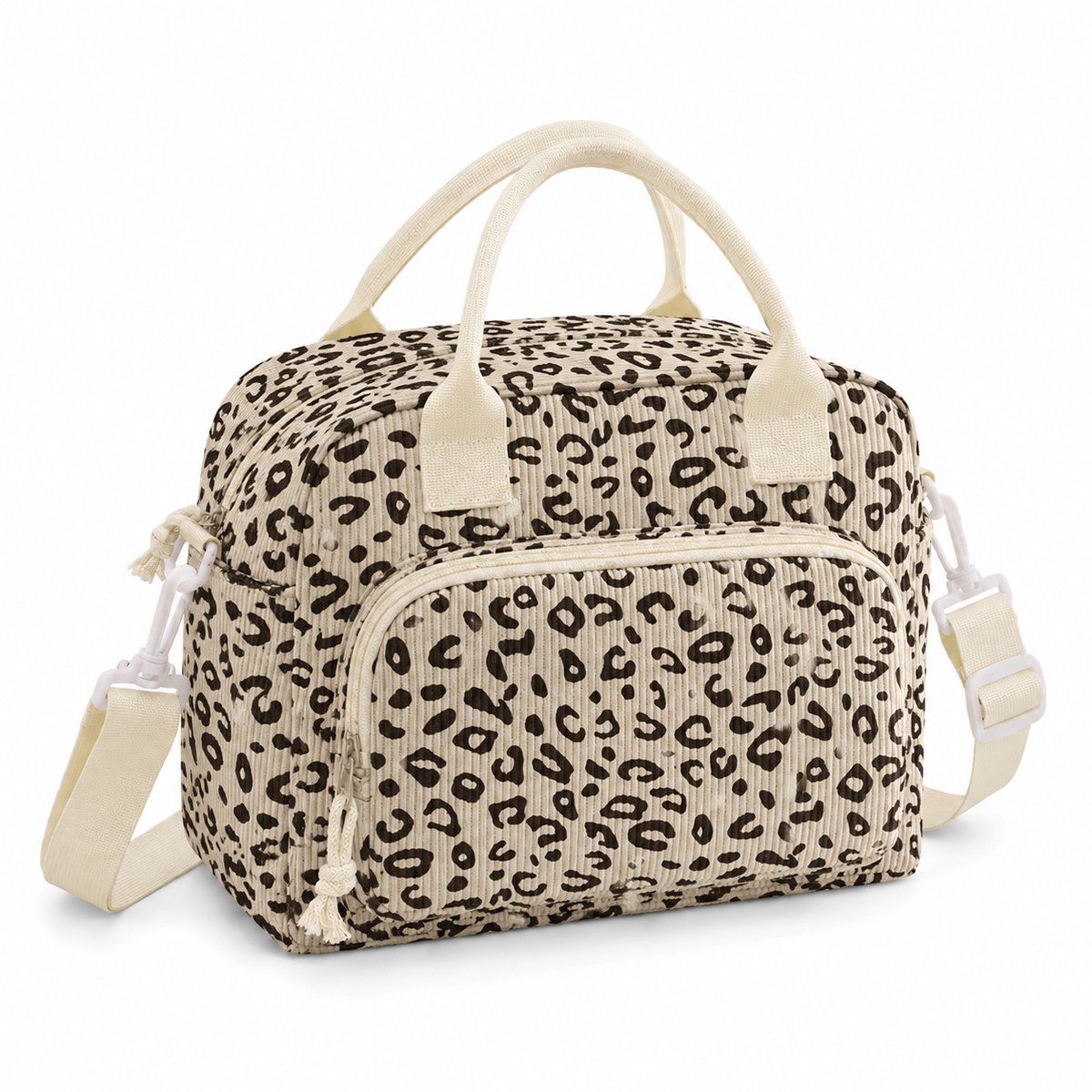 Rainbecom Koeltas Dames 9,5L - Geïsoleerde Lunchtas en Lunch Bag van Corduroy - Thermotas met Schouderband en Opbergvakken - Koeltassen Voor Werk, School en Picknick - Beige Panter