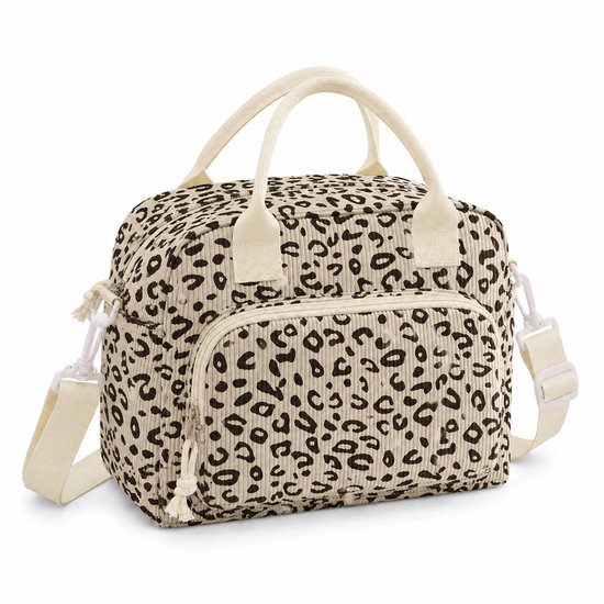 Sac isotherme beige en velours côtelé avec imprimé léopard, doté de poignées et d'une bandoulière.