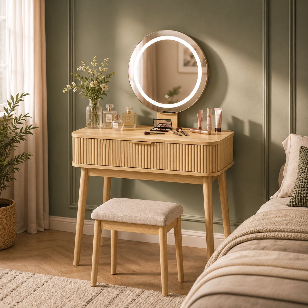 Make-up tafel met spiegel 3 laden 80x40x133cm, opbergtafel met grote lades en volledige spiegel, multifunctioneel bureau voor kleine slaapkamer, kruk niet inbegrepen