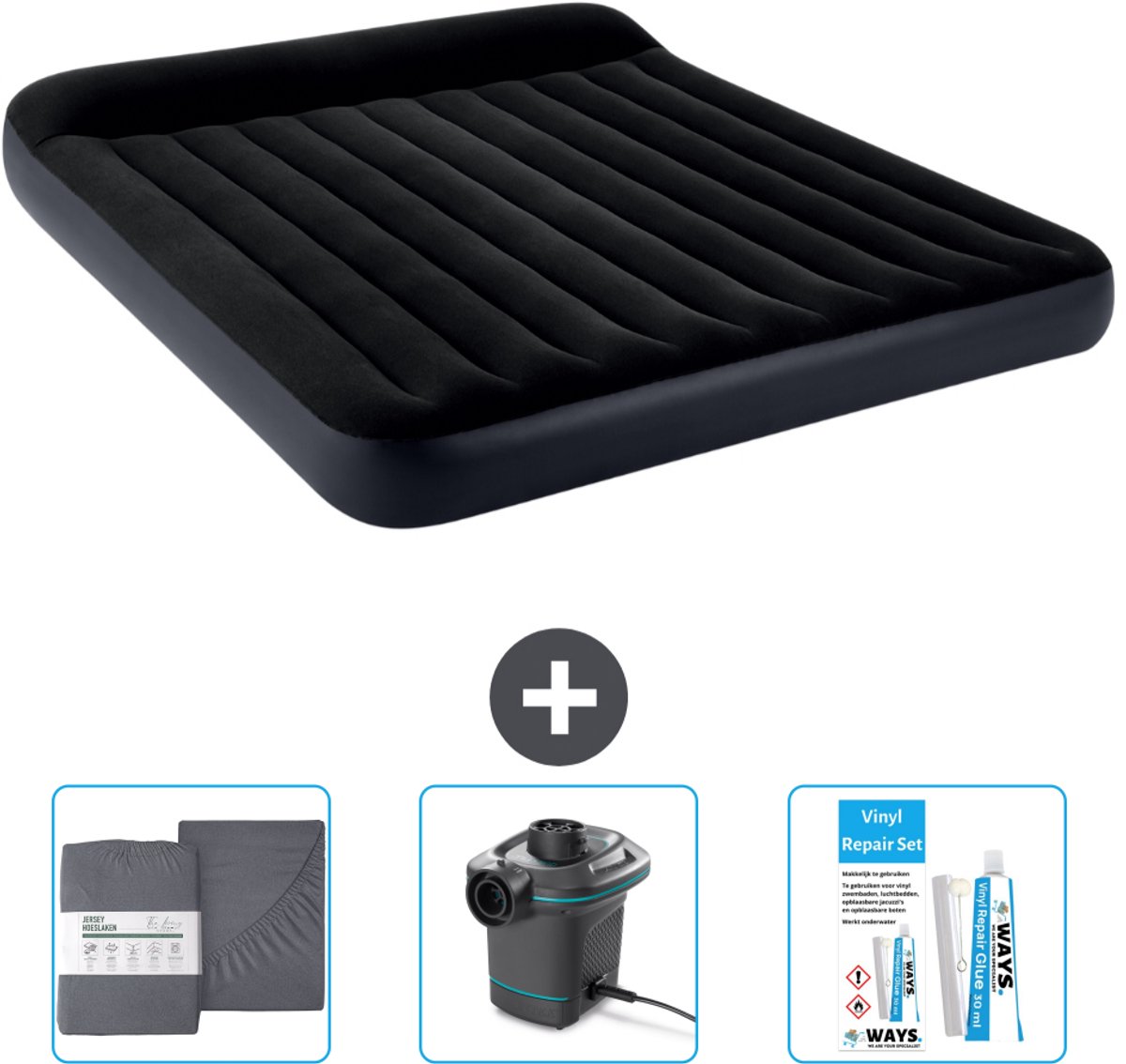 Intex Luchtbed - 2-Persoons - 183 x 203 x 25 cm - Donkerblauw - Inclusief Hoeslaken - Pomp en Reparatieset
