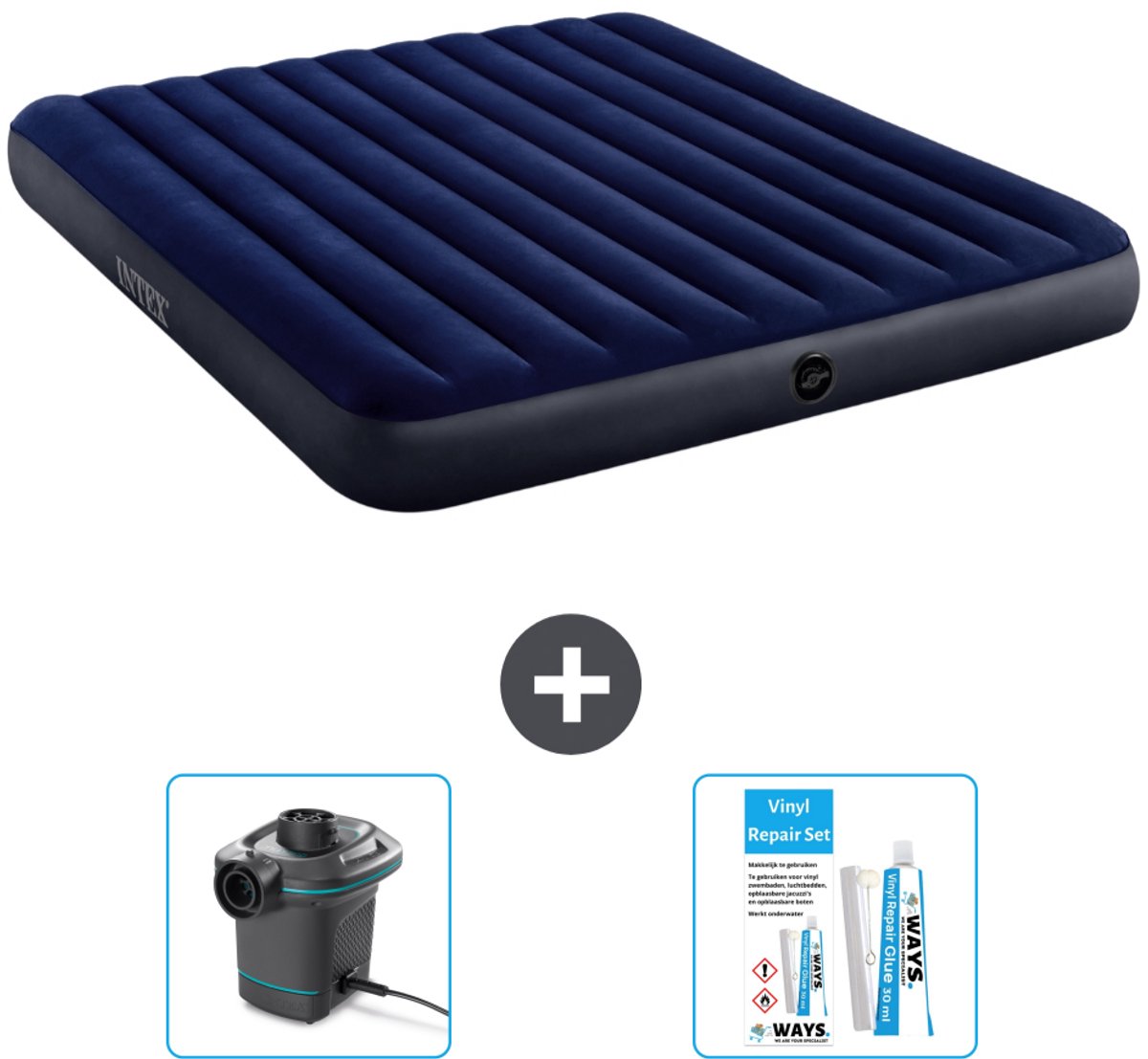 Intex Luchtbed - 2-Persoons - 183 x 203 x 25 cm - Blauw - Inclusief Pomp en Reparatieset