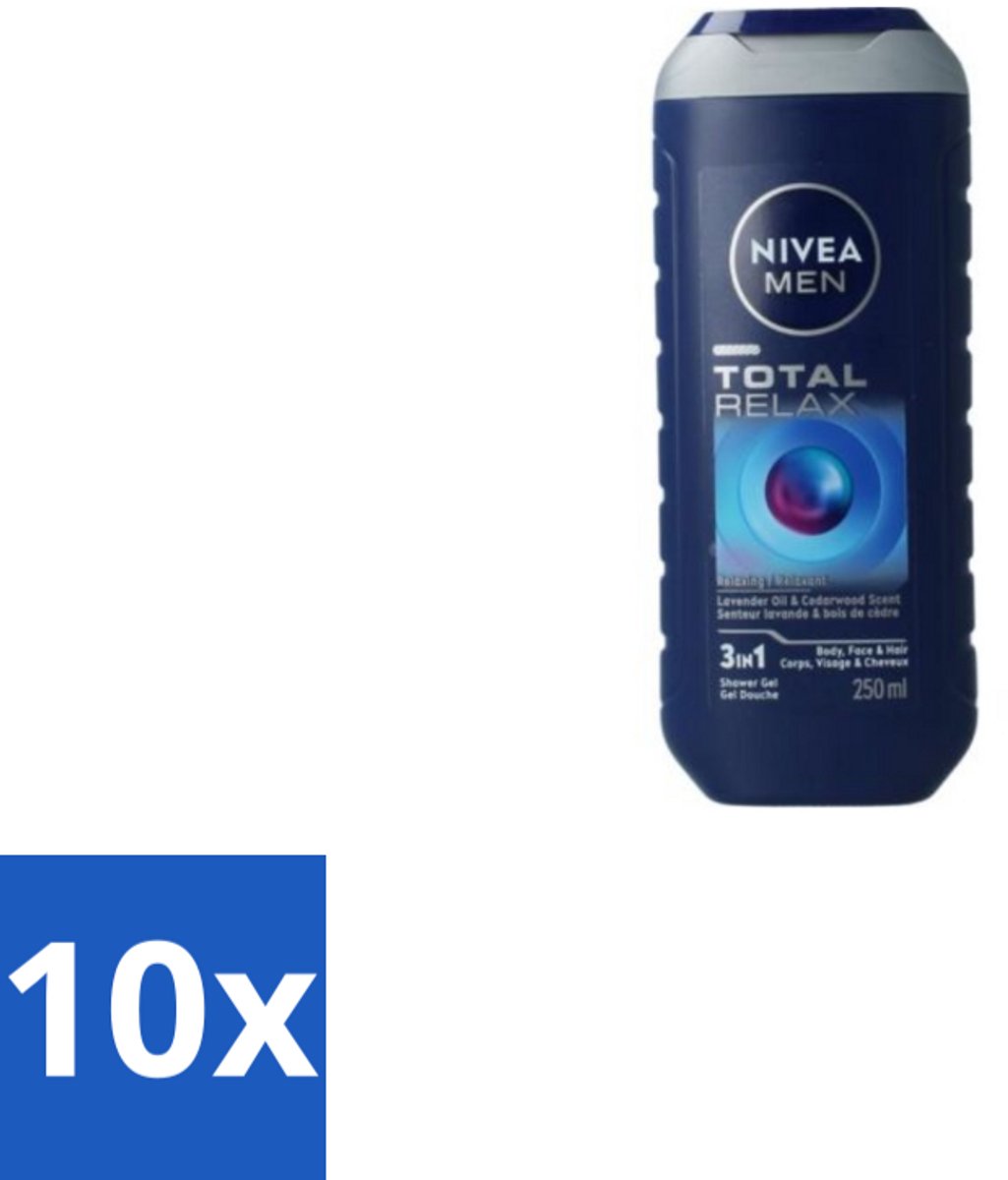 10 x NIVEA MEN - Douchegel - Total Relax - 250 ml - Douchegel Mannen - Ontspanning Douche - Rustgevende Geur - Gezicht En Haar Reinigen - Huid Verzorgen