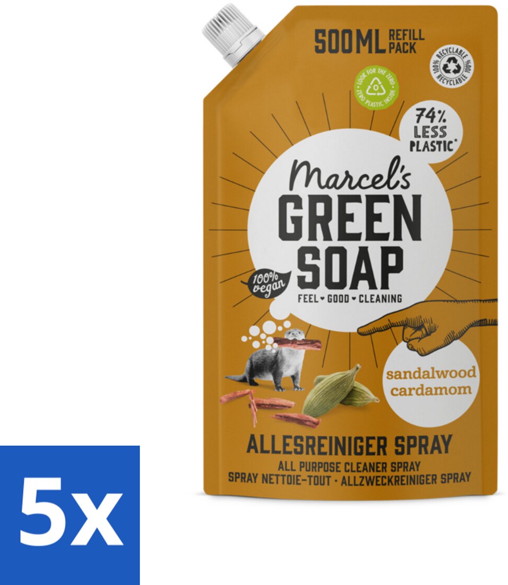 5 x Marcel's Green Soap - Allesreiniger Spray - Navulling - Sandelhout & Kardemon - Frisse reiniging - 500 ml - Allesreiniger Spray - Natuurlijke Reiniger - Sandelhout En Kardemom - Biologisch Afbreekbaar - Milieuvriendelijke Reiniger