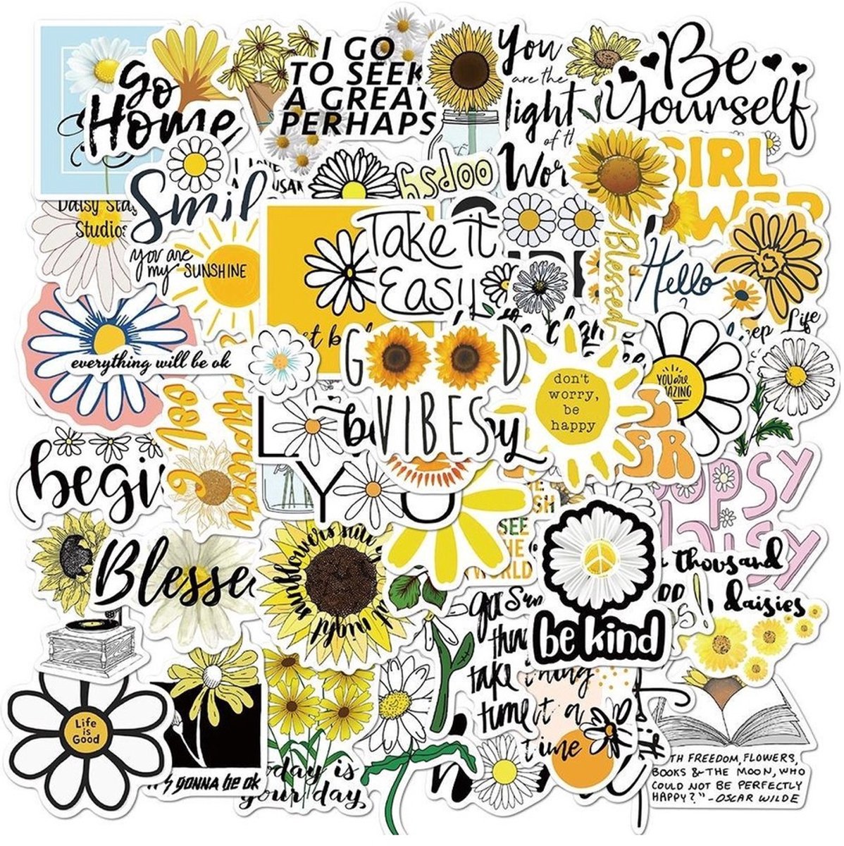 50 Gele Bloemen Stickers met Quotes – Motivatie & Zomer