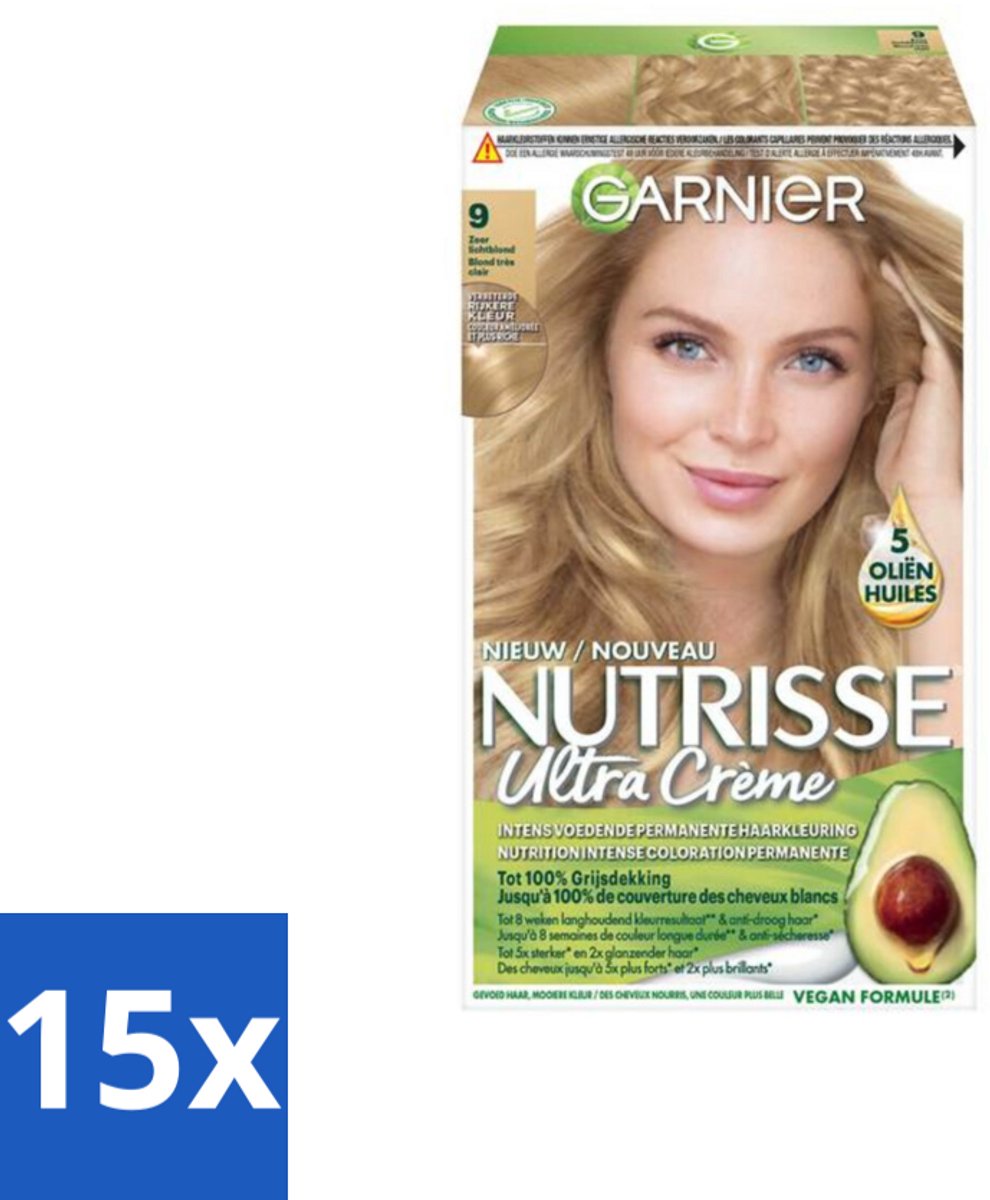 15 x Garnier - Nutrisse Ultra Crème 9 - Haarkleuring - Zeer Lichtblond - Intens Voedend - Permanente Kleur - Haarkleuring - Haarverf - Permanente Kleur - Zeer Lichtblond - Grijsdekking