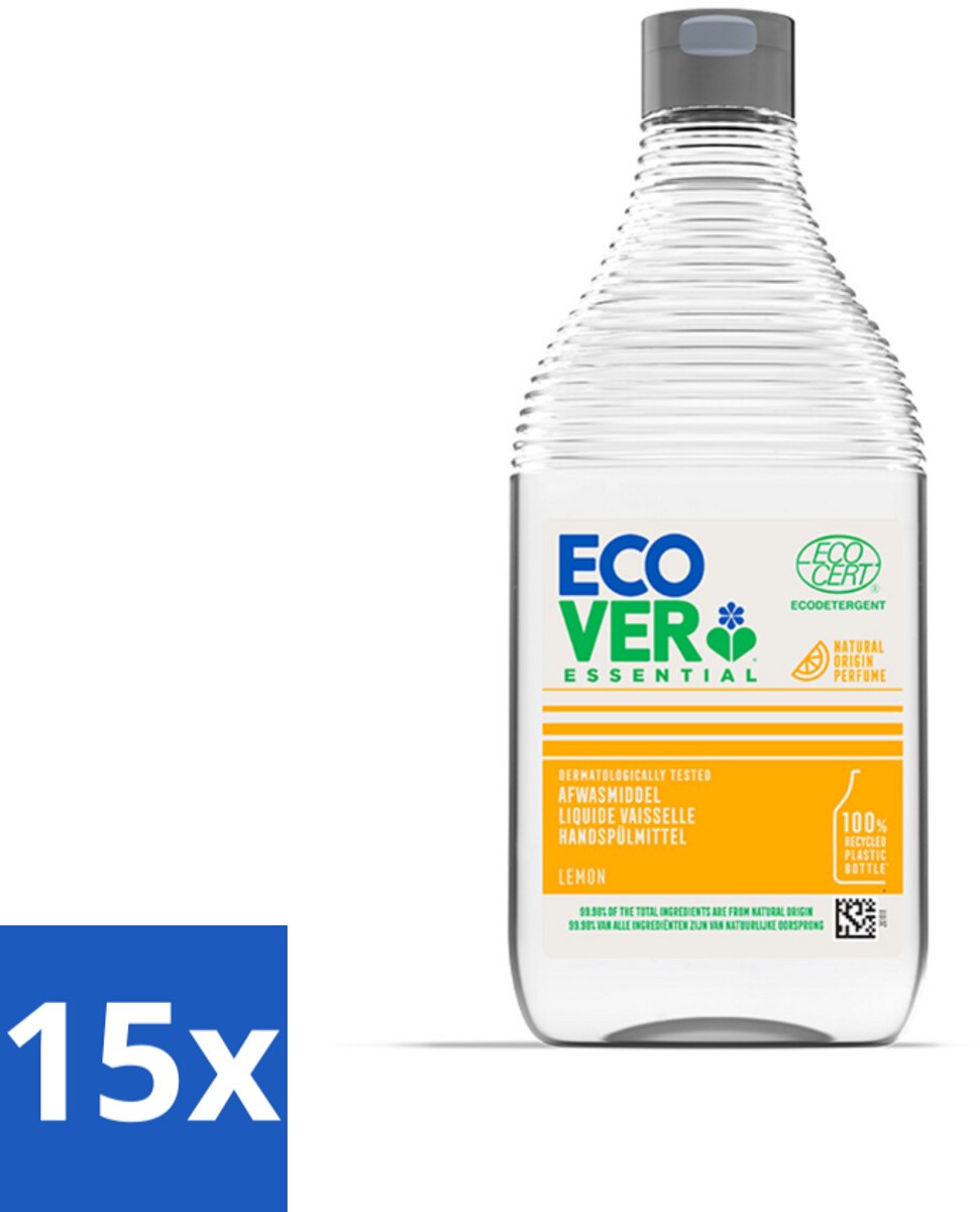 15 x Ecover - Afwasmiddel Essential - Citroen - 450 ml - Ecover Afwasmiddel Citroen - Afwasmiddel Citroen - Plantaardig Afwasmiddel - Duurzaam Afwasmiddel - Ecocert Afwasmiddel