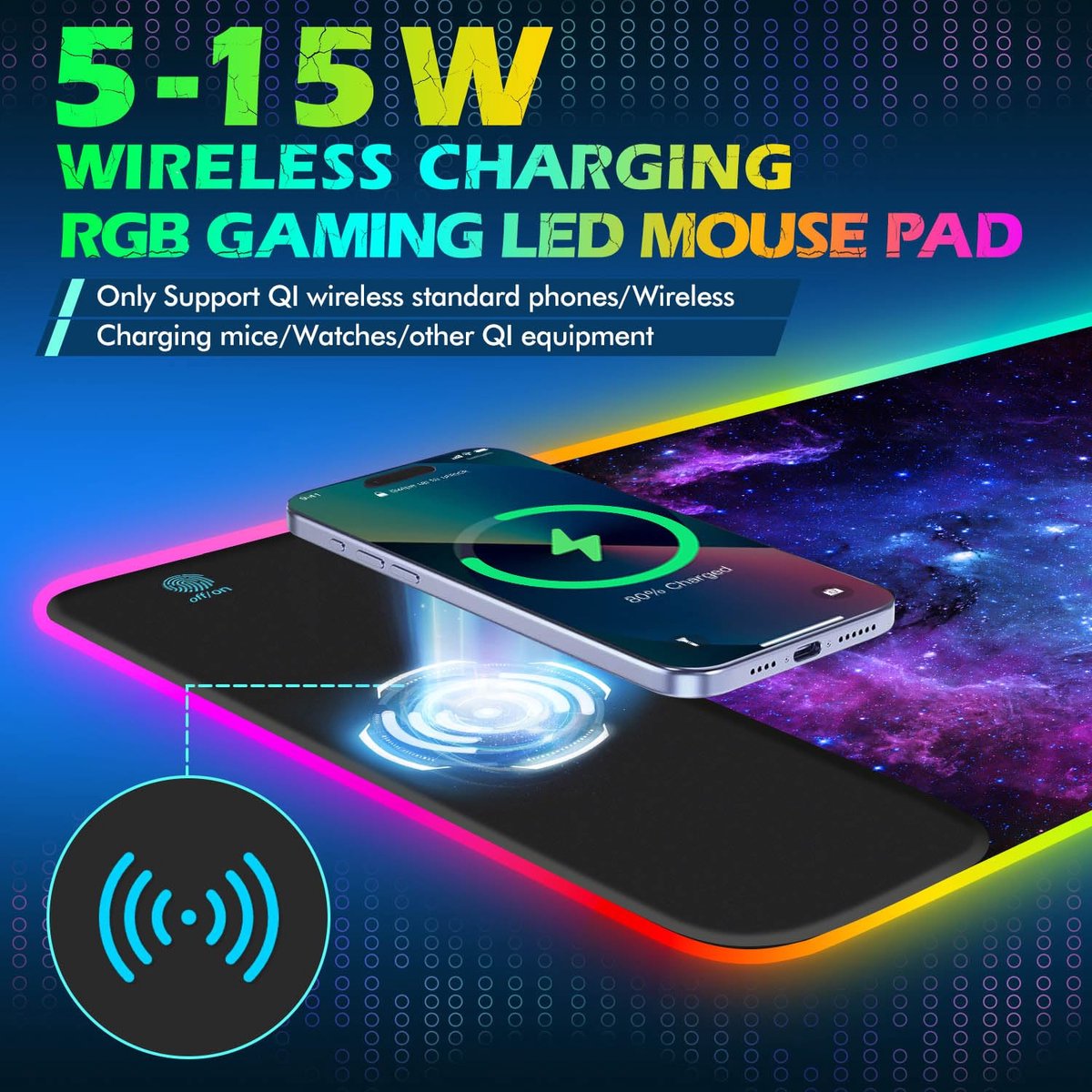 Gaming muismat RGB 800x300mm - draadloos opladen - 10 lichtmodi - ideaal voor gamers - ShopVlot