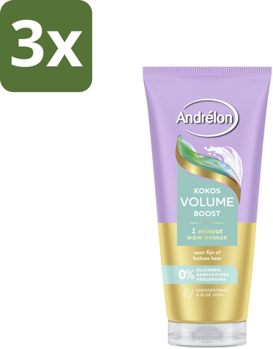 3 x Andrélon – Haarmasker WOW – Kokos Volume Boost – 180 ml - Haarmasker - Volume Boost - Kokos Volume - Fijn Haar - Futloos Haar